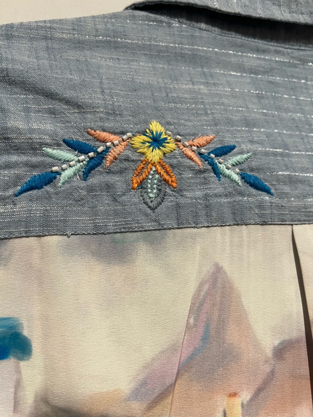Soft Surroundings Embellished Santorini Print Shirt Cotton XSP Beaded - Picture 9 of 11